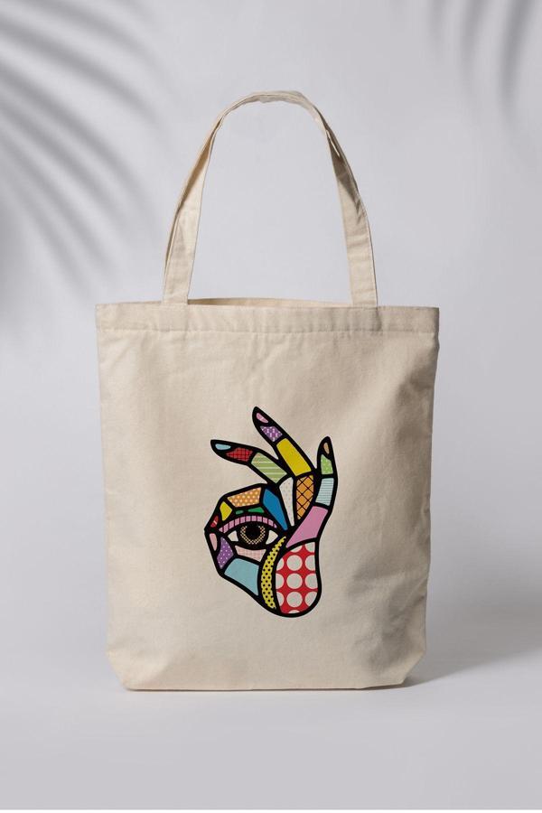 Tufi Baby Renkli Göz Motif Desenli Baskılı Ham Bez Çanta Tote Bag Omuz Çantası - Image 1