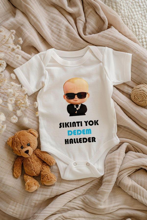 Tufi Baby %100 Pamuk Kısa Kollu Sıkıntı Yok Desenli Çıtçıtlı Bebek Body Zıbın Beyaz Dedem - Image 1