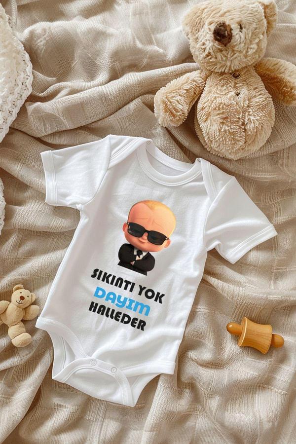 Tufi Baby %100 Pamuk Kısa Kollu Sıkıntı Yok Desenli Çıtçıtlı Bebek Body Zıbın Beyaz Dayım - Image 1