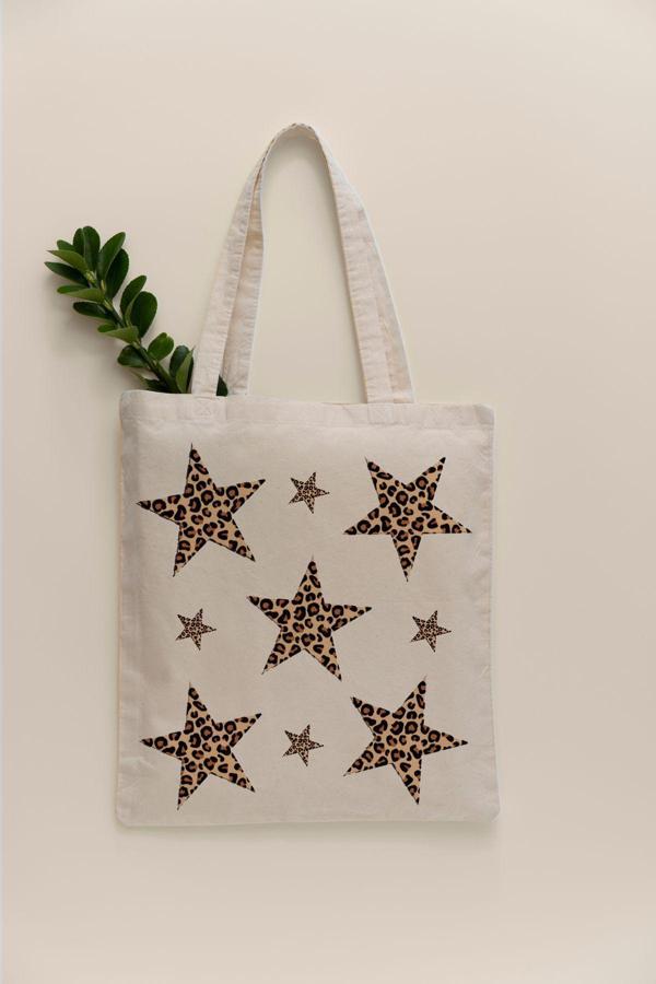 Tufi Baby Star Leopar Desen Baskılı Ham Bez Çanta Tote Bag Omuz Çantası - Image 1