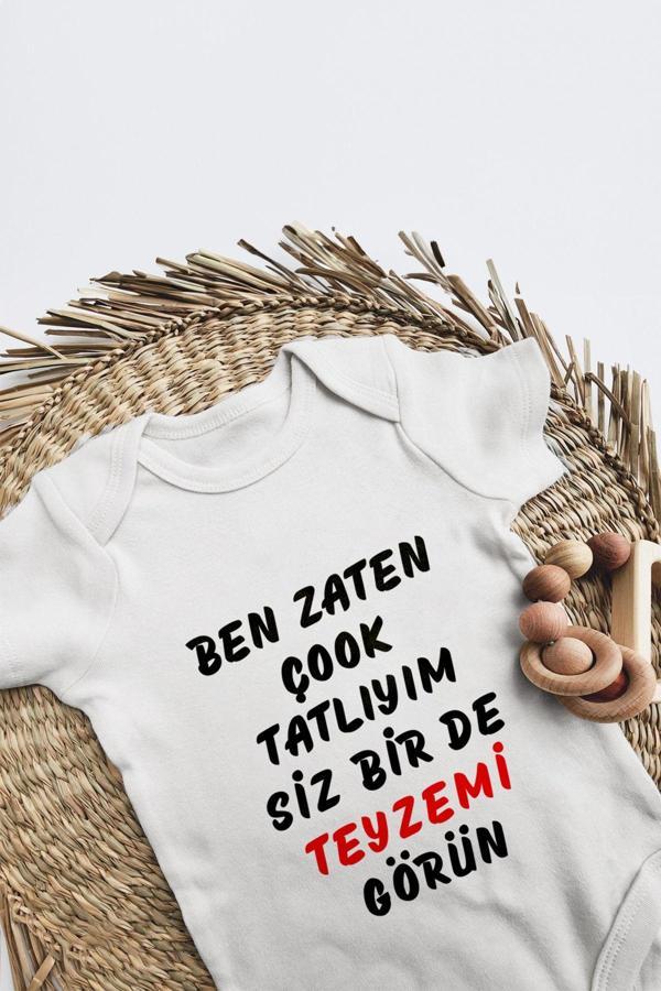 Tufi Baby %100 Pamuk Kısa Kollu Ben Zaten Tatlıyım Desenli Çıtçıtlı Bebek Body Zıbın Beyaz Teyze - Image 1