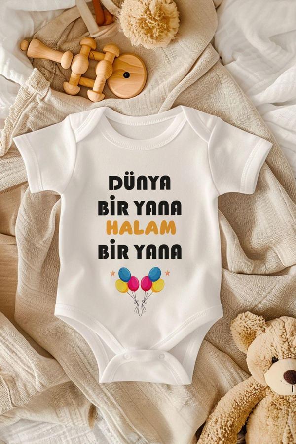 Tufi Baby %100 Pamuk Kısa Kollu Dünya Bir Yana Desenli Çıtçıtlı Bebek Body Zıbın Beyaz Halam - Image 1