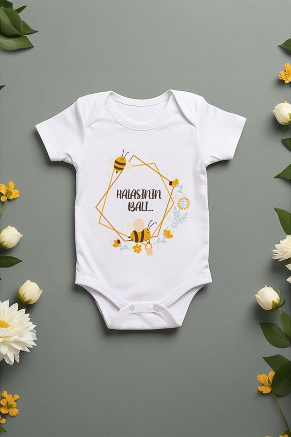 Tufi Baby %100 Pamuk Kısa Kollu Halasının Balı... Desenli Çıtçıtlı Bebek Body Zıbın Beyaz Hala - Image 1