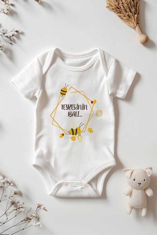 Tufi Baby %100 Pamuk Kısa Kollu Teyzesinin Balı... Desenli Çıtçıtlı Bebek Body Zıbın Beyaz Teyze - Image 1