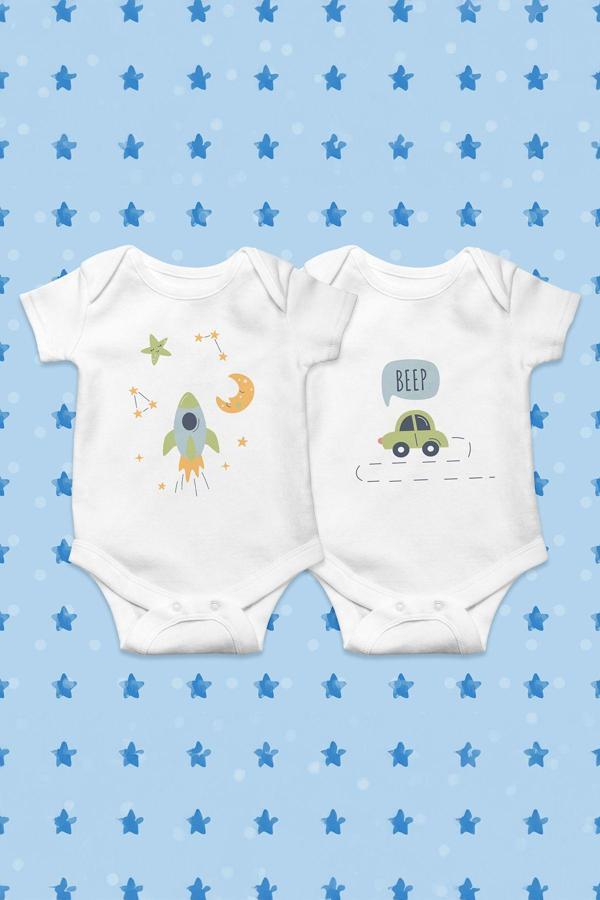 Tufi Baby %100 Pamuk 2'Li Kısa Kollu Sevimli Roket Ve Araba Desenli Çıtçıtlı Bebek Body Zıbın Beyaz - Image 1