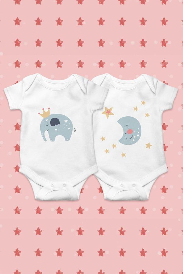 Tufi Baby %100 Pamuk 2'Li Kısa Kollu Sevimli Fil Ve Ay Desenli Çıtçıtlı Bebek Body Zıbın Beyaz - Image 1