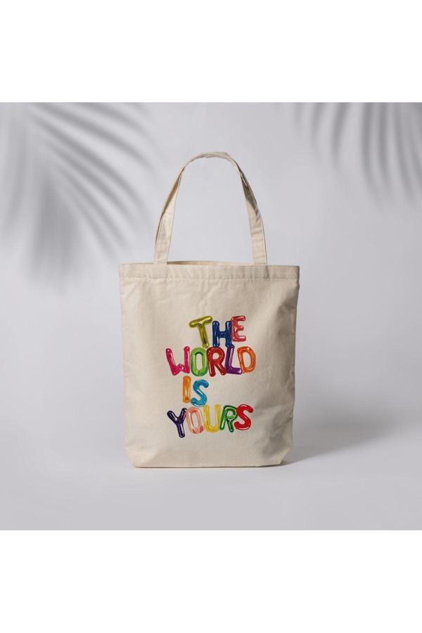 Tufi Baby The World Baskılı Ham Bez Çanta Tote Bag Omuz Çantası - Image 1