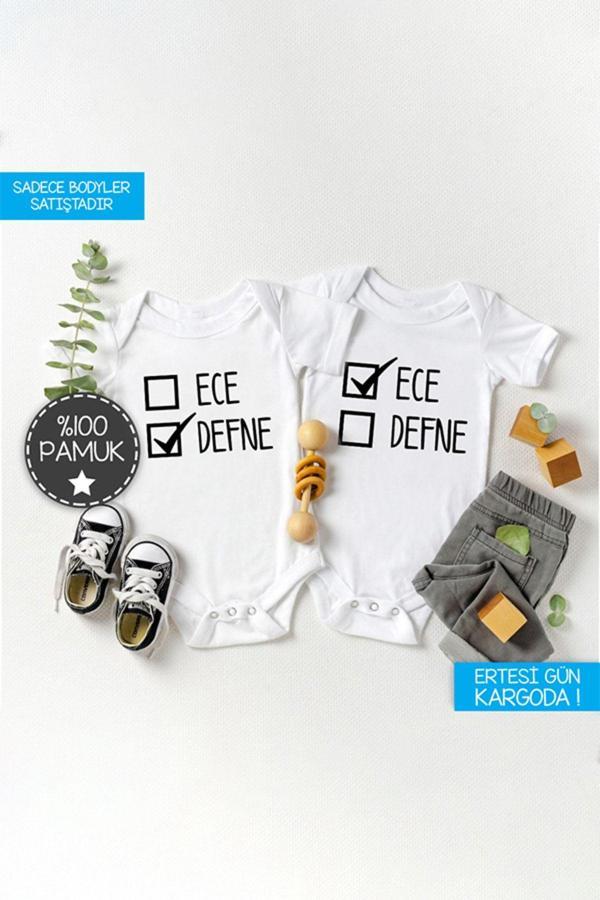 Puppetzzz Unisex Bebek Ikizlere Özel Isimli Kişiye Özel Baskılı Body Zıbın Set - Image 1