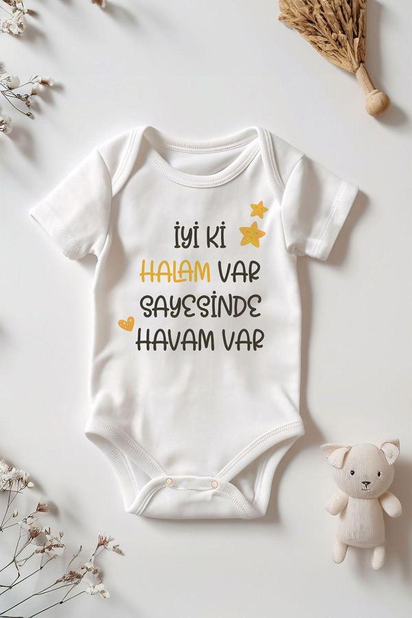 Tufi Baby %100 Pamuk Kısa Kollu İyi Ki Halam Var Desenli Çıtçıtlı Bebek Body Zıbın Beyaz - Image 1