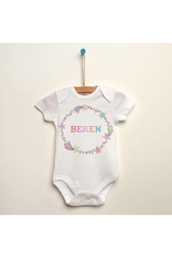 Puppetzzz Unicorn Desenli Kişiye Özel Baskılı Organik Pamuklu Bebek Body Zıbın - Image 1