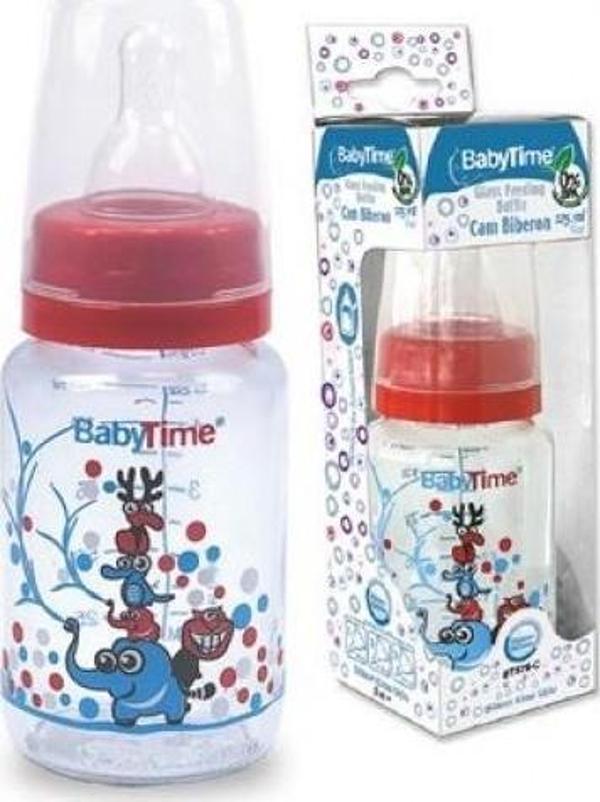 BabyTime Silikon Kiraz Uçlu Cam Biberon 150Ml - (Kırmızı-Mavi) - Image 1