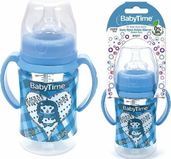 BabyTime Geniş Ağızlı Kulplu Pp Silikon Uçlu Biberon Mavi 250 Ml - Image 1