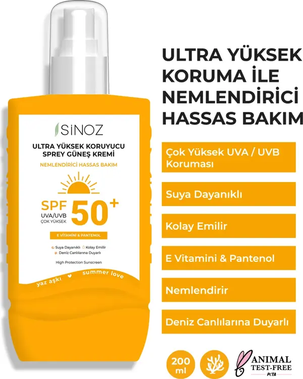 Sinoz Spf 50 Ultra Yüksek Koruyucu Vücut Güneş Kremi Sprey 200 ml - Nemlendirici Hassas Bakım - Image 1