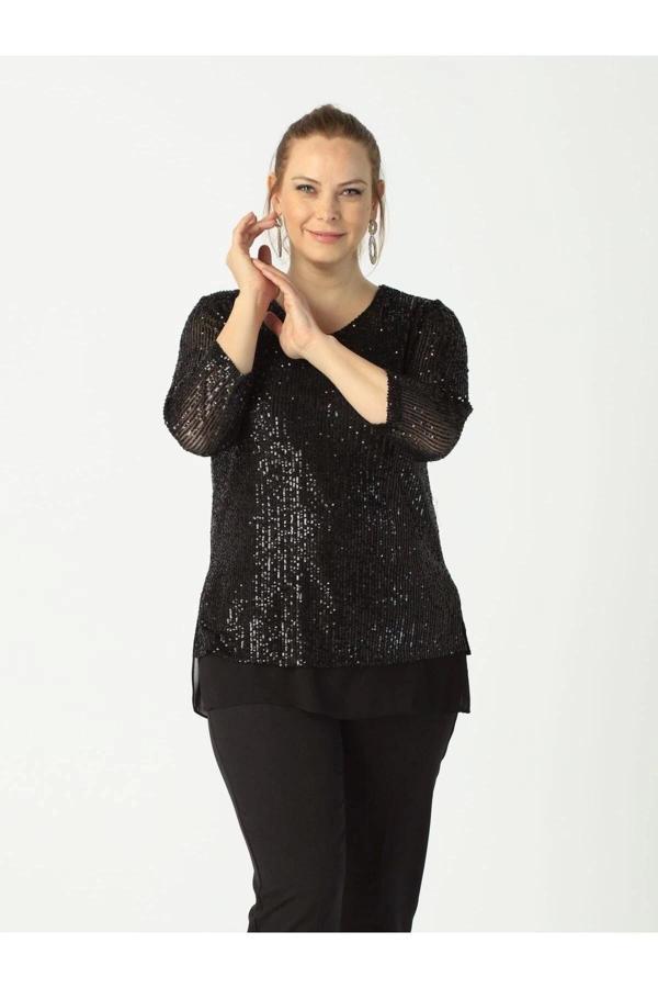 Kadın Siyah Payet Büyük Beden Bluz - Image 1