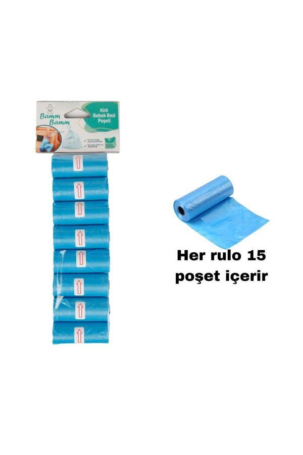 Bamm Bamm Kirli Bebek Bezi Poşeti Çanta Boy Mavi 8 Rulo (120 Adet) - Image 1