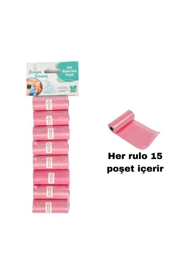 Bamm Bamm Kirli Bebek Bezi Poşeti Çanta Boy Pembe 8 Rulo (120 Adet) - Image 1