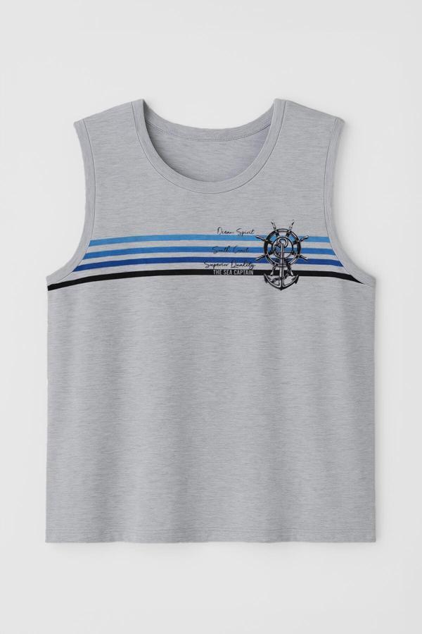 Erkek %100 Pamuk Bisiklet Yaka Çapa Baskılı Kolsuz T-shirt - Image 1