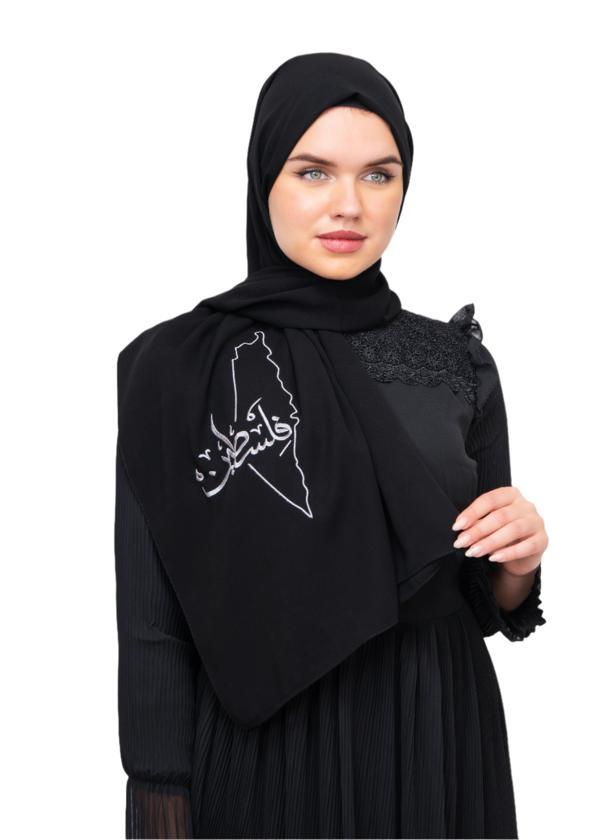 Polyster Siyah şal Filistin Haritası Ve Arapça Kelimesi Gümüş Rengi Nakışlı S100023 - Image 1