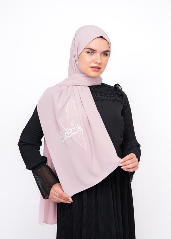 Polyster Pembe şal Filistin Haritası Ve Arapça Kelimesi Beyaz Rengi Nakışlı S100017 - Image 1