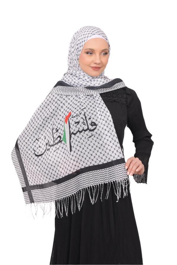 Şal Kefiye Puşi Püskülsüz Filistin Arapçası, Bayraklı Haritası Baskılı Filistin Şal S100007 - Image 1