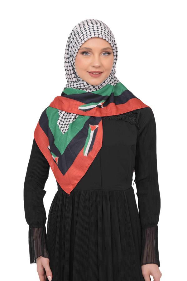 Filistin Eşarp Kefiye Filistin Bayrak Renkli Çerçeveli Kareli Kadın Eşarp S100004 - Image 1