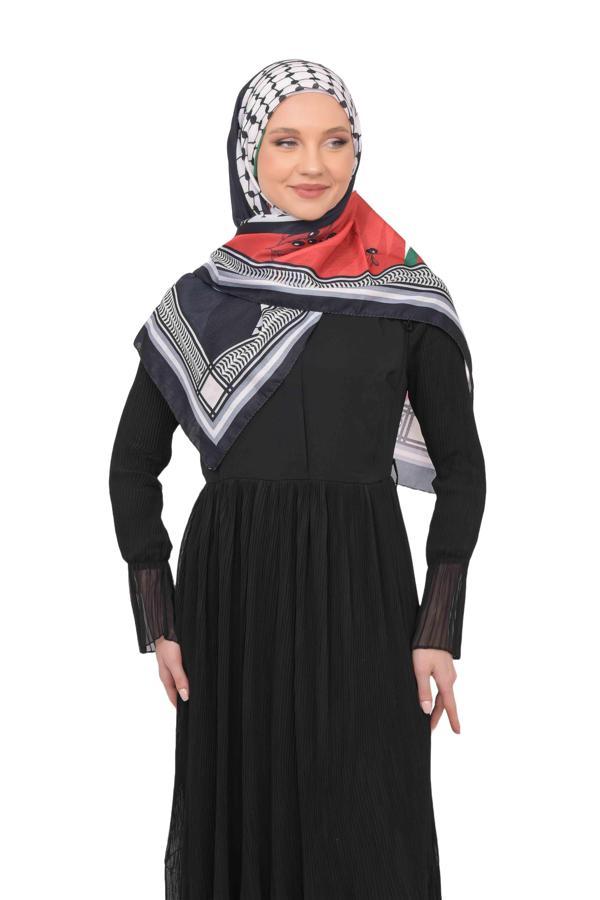 Filistin Eşarp Kefiye Zaytin Ve Filistin Bayrak Baskılı Kareli Kadın Eşarp S100002 - Image 1