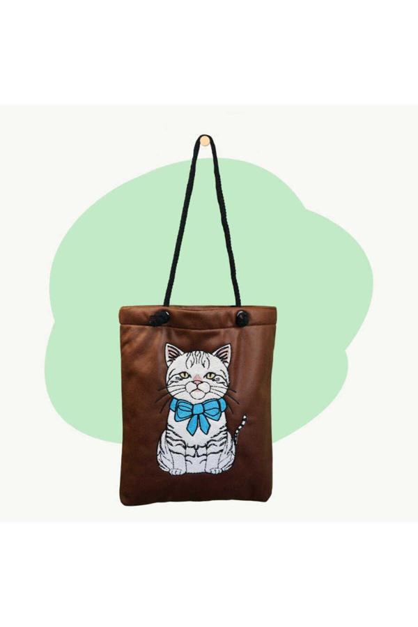 Yeşilay Kedi Desenli Punch Heybe Kadın Omuz Çantası - Image 1