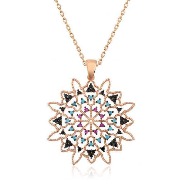 Alsepeteavm Gümüş Rose Geometrik Desenli Madalyon Kolye - Image 1