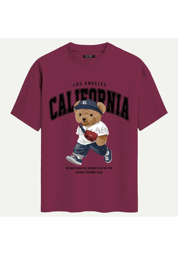 Unisex Bisiklet Yaka %100 Organik Pamuklu Kalın Dokulu California Baskılı Oversize T-shirt - BORDO - Image 1