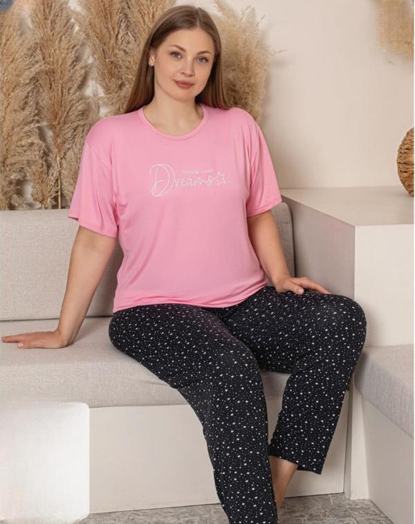 Charme Kadın Büyük Beden Bisiklet Yaka MİLAN Likralı Kısa Kol Pijama Takımı K601/247 - 1 Adet - Image 1