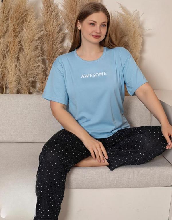 Charme Kadın Büyük Beden Bisiklet Yaka MİLAN Likralı Kısa Kol Pijama Takımı K601/249 - 1 Adet - Image 1