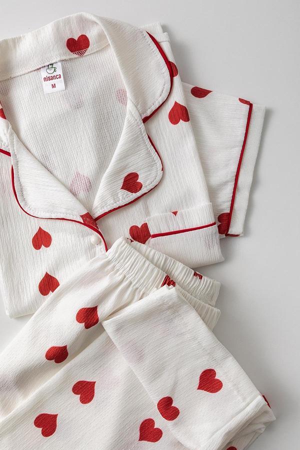 Kısa Kol Gömlek Yaka Kadın Pinterest Pijama Takımı - Yazlık Kadın Pijama- Geniş Beden Aralığı - Image 1