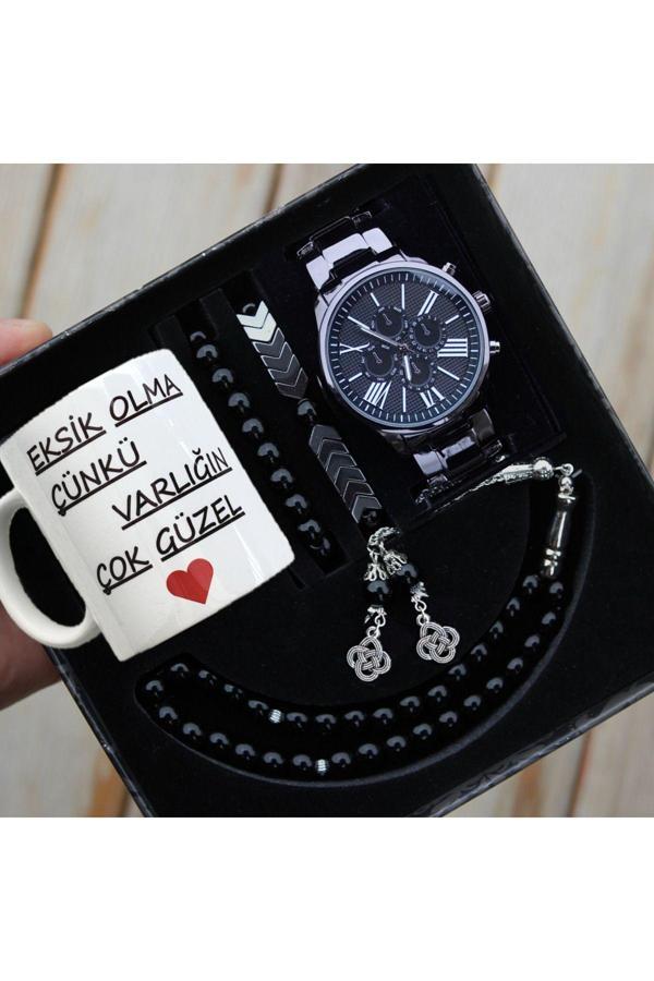 Wesscollection Su Geçirmez Erkek Kol Saati Baskılı Kupa Bardak Tesbih Ve Bileklik Seti - Image 1