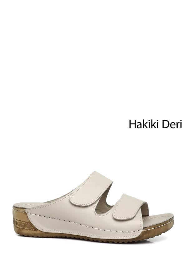 Kadın Krem Cırtlı Dolgu Taban Hakiki Deri Terlik - Image 1
