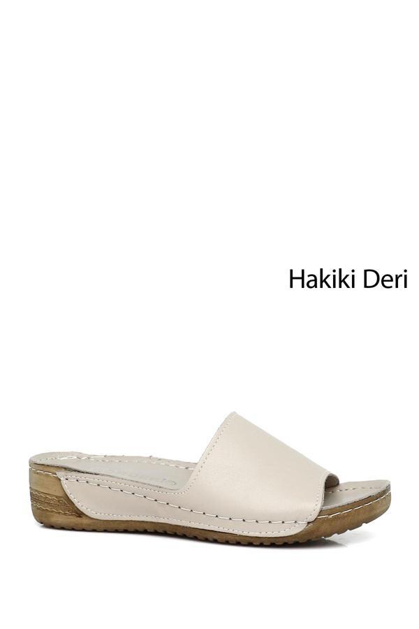 Kadın Krem Dolgu Taban Hakiki Deri Terlik - Image 1