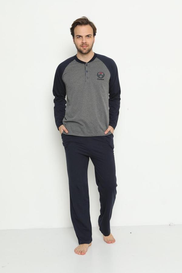 Erkek Uzun Kollu Cepli ve Yaka Düğmeli Süprem Pijama Takımı 01737 - Image 1