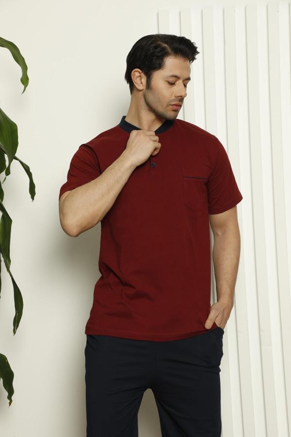 Erkek Kısa Kollu Yaka Düğmeli ve Cepli 3'lü Pijama Takım 2387 - Image 1