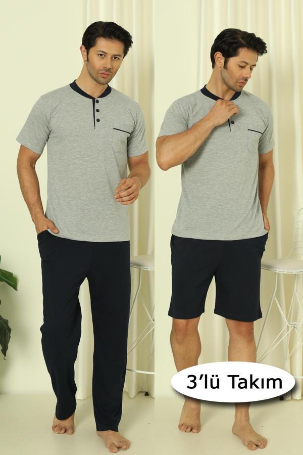 Erkek Kısa Kollu Yaka Düğmeli ve Cepli 3'lü Pijama Takım 2387 - Image 1