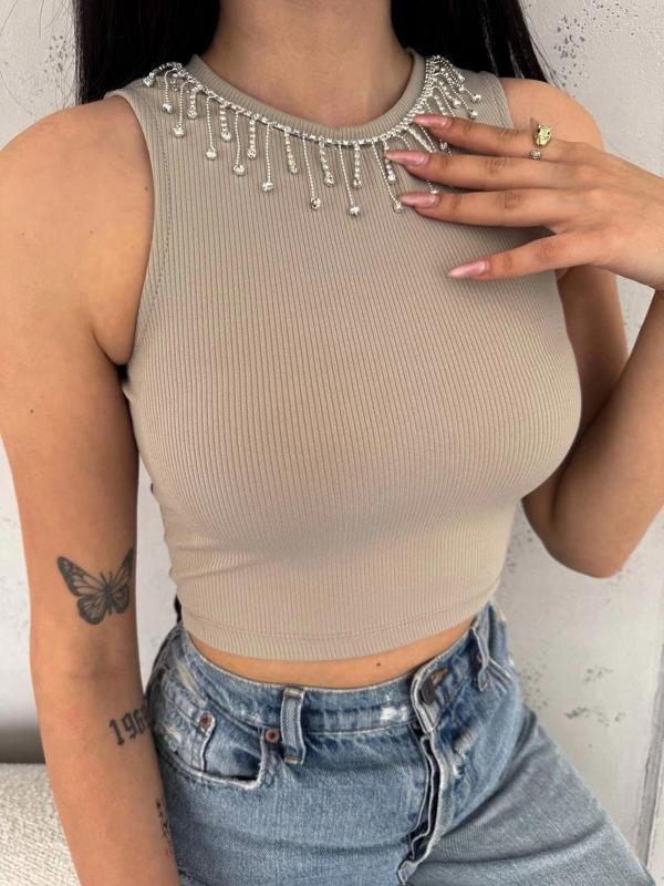 Fitilli Kaşkorse Yakası Zincirli Atlet Vizon - Image 1