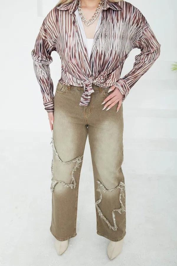 Kadın Yüksel Bel Püskül Detaylı Palazzo Jean Kot Pantolon - Image 1