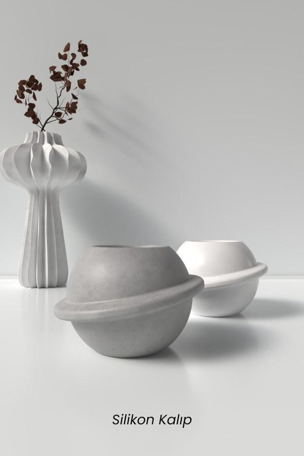 CageartStudio Dekoratif Satürn Şeklinde Beton Saksı Ve Mumluk Silikon Kalıp K9 - Dekoratif  Beton Mumluk Kalıbı - Image 1