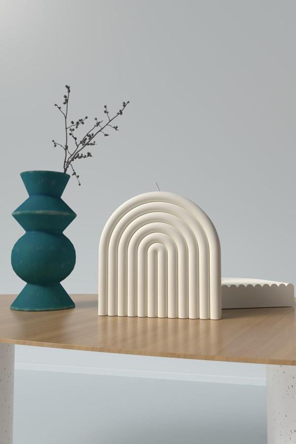 CageartStudio Dekoratif Büyük Beyaz Gökkuşağı Desenli Mum - Kokulu Vegan Soya Wax Mumu 1 Adet - Image 1