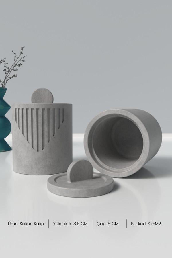 CageartStudio Kapaklı Desenli Silindir Beton Saksı Ve Mumluk Silikon Kalıp M2 -Mumluk Silikon Kalıp  8.6 Cm X 8 Cm - Image 1