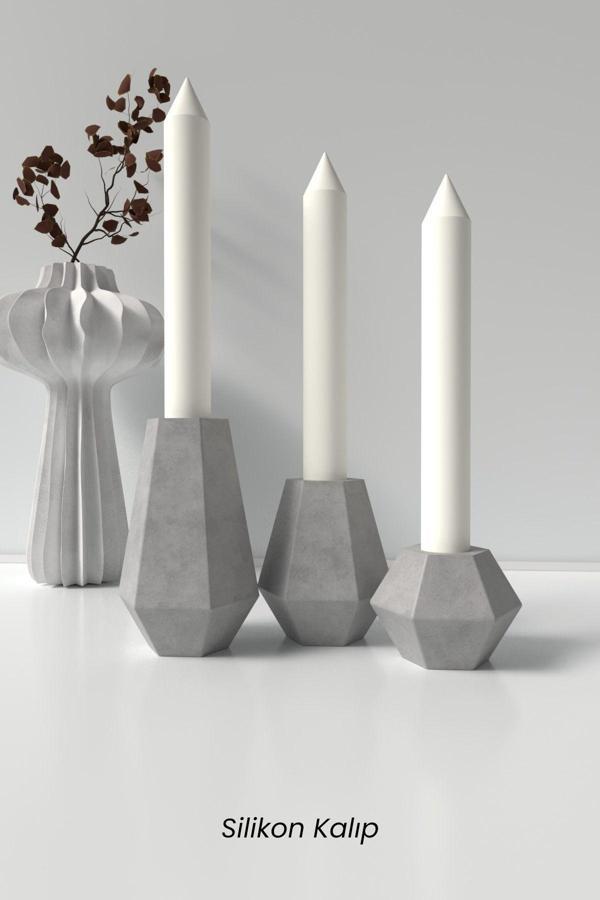 CageartStudio Minimal Geometrik Şamdan Mum Silikon Kalıp 3 Adet (Küçük,Orta,Büyük)- Mumluk/Şamdan Mum Kalıbı 3Lü - Image 1