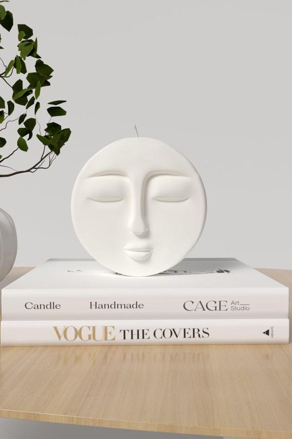 CageartStudio Dekoratif Orta Boy Ay Yüzü Kokulu Mum - Moon Mum Soya Wax Candle 1 Adet Beyaz - Image 1