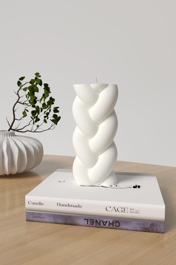 CageartStudio Dekoratif Uzun Örgü Kokulu Mum - Örgü Mum Soya Wax Candle 1 Adet Beyaz - Image 1