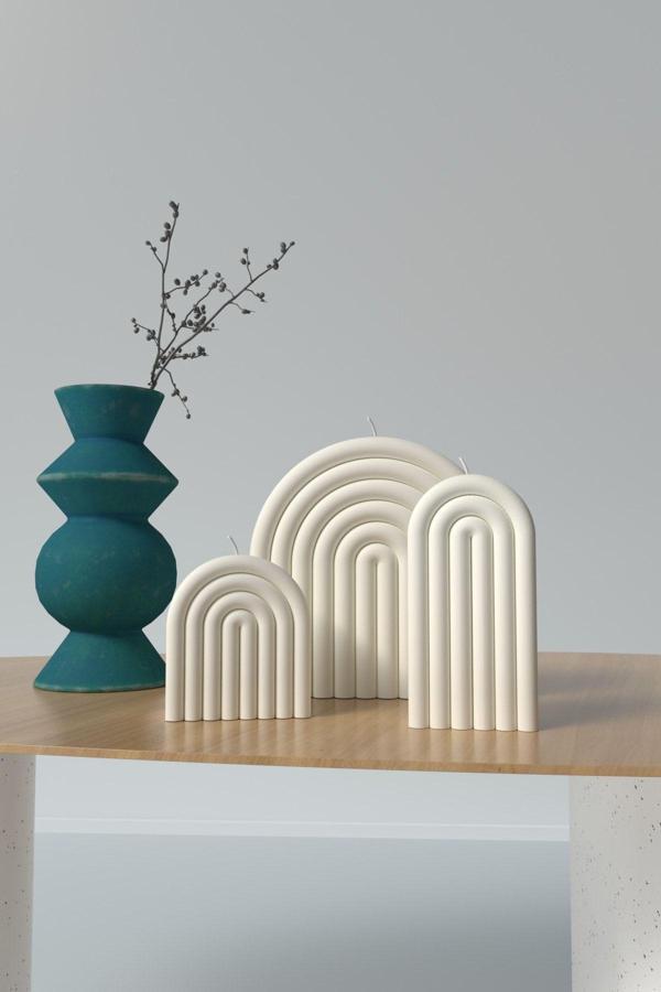 CageartStudio Dekoratif Gökkuşağı Desenli 3Lü Set Mum - Kokulu Vegan Soya Wax Mumu Beyaz 3 Adet - Image 1
