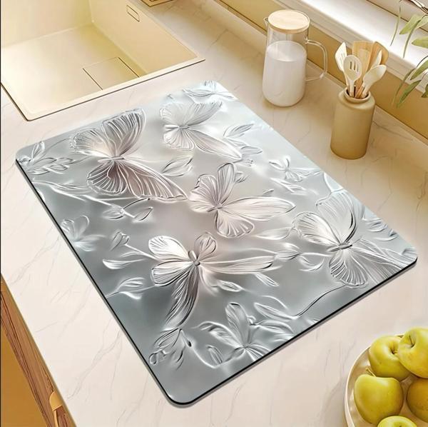 55 CM x 45 CM GÜMÜŞ KELEBEK DESENLİ TEZGAH ÜSTÜ BULAŞIK KURUTMA MATI BULAŞIKLIK KURUTMA ÖRTÜSÜ - Image 1