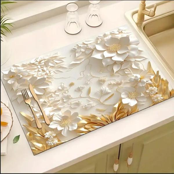55 CM x 45 CM BEYAZ ÇİÇEK DESENLİ TEZGAH ÜSTÜ BULAŞIK KURUTMA MATI BULAŞIKLIK KURUTMA ÖRTÜSÜ - Image 1