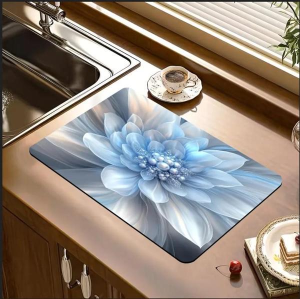 55 CM x 45 CM MAVİ İNCİ ÇİÇEK DESENLİ TEZGAH ÜSTÜ BULAŞIK KURUTMA MATI BULAŞIKLIK KURUTMA ÖRTÜSÜ - Image 1